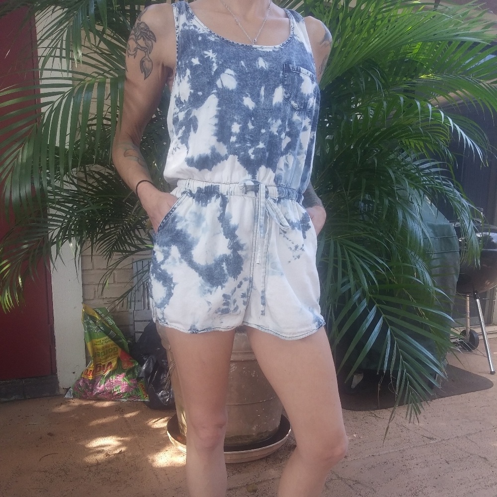 NWOT Bleach-dyed denim romper